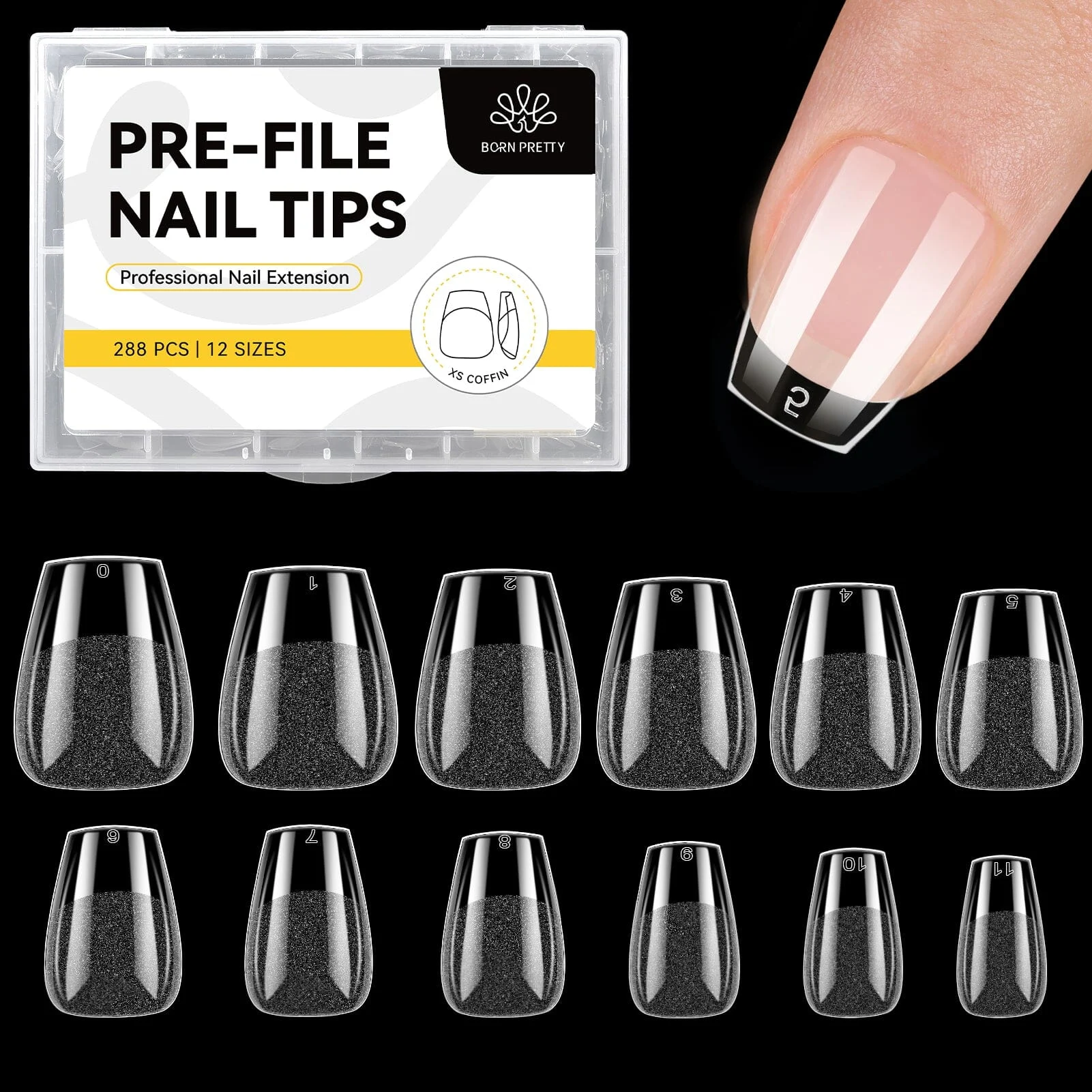 288pcs XS Coffin Pre-File Nail Tips 12 Different Sizes